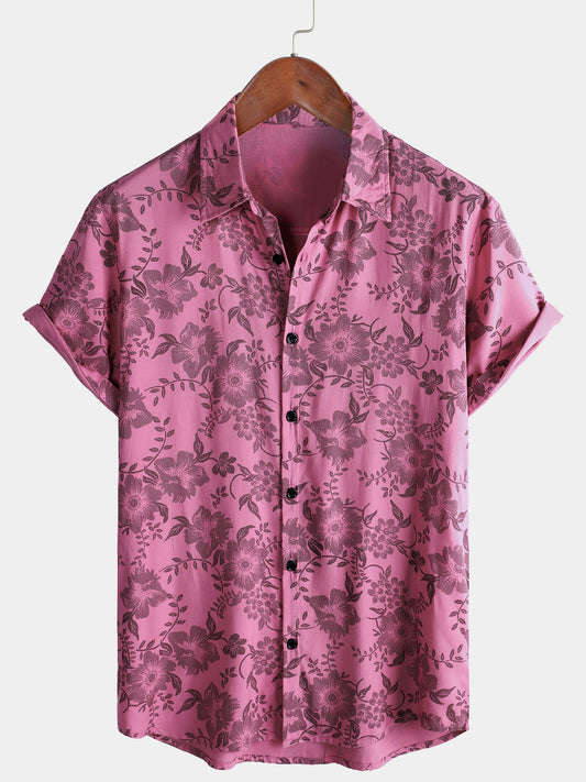 Men's Short Sleeve Hawaiian Shirt with Breathable Buttons in Pink Floral Print