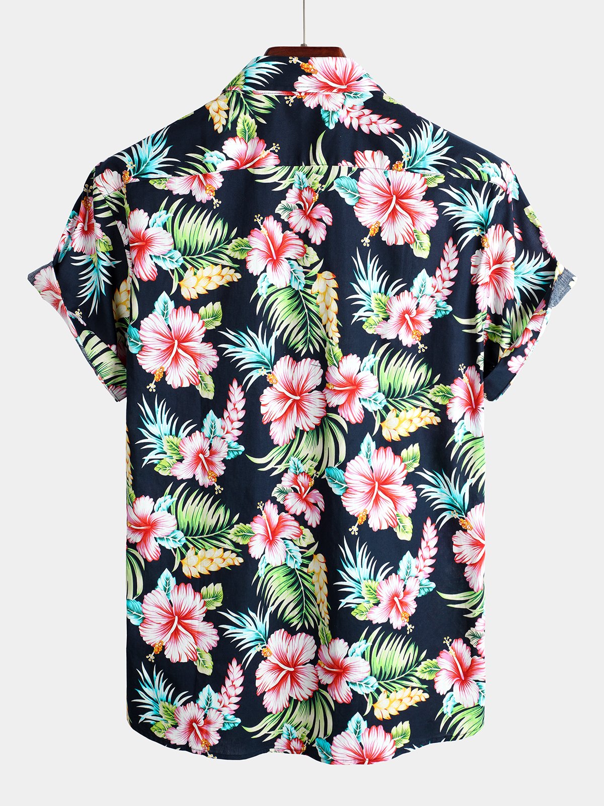 Men's Dark Blue Floral Holiday Cotton Short Sleeve Shirt