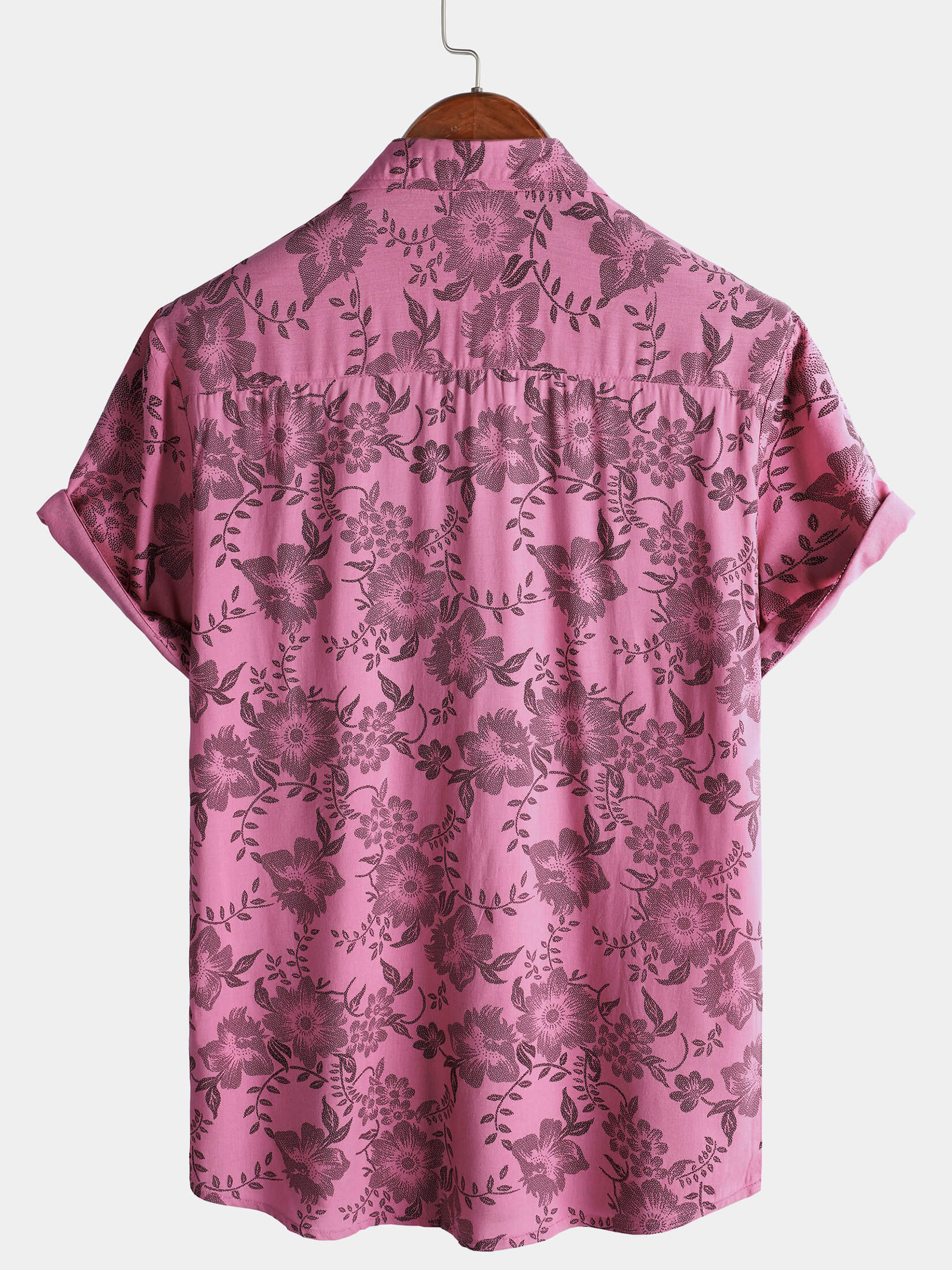 Men's Short Sleeve Hawaiian Shirt with Breathable Buttons in Pink Floral Print