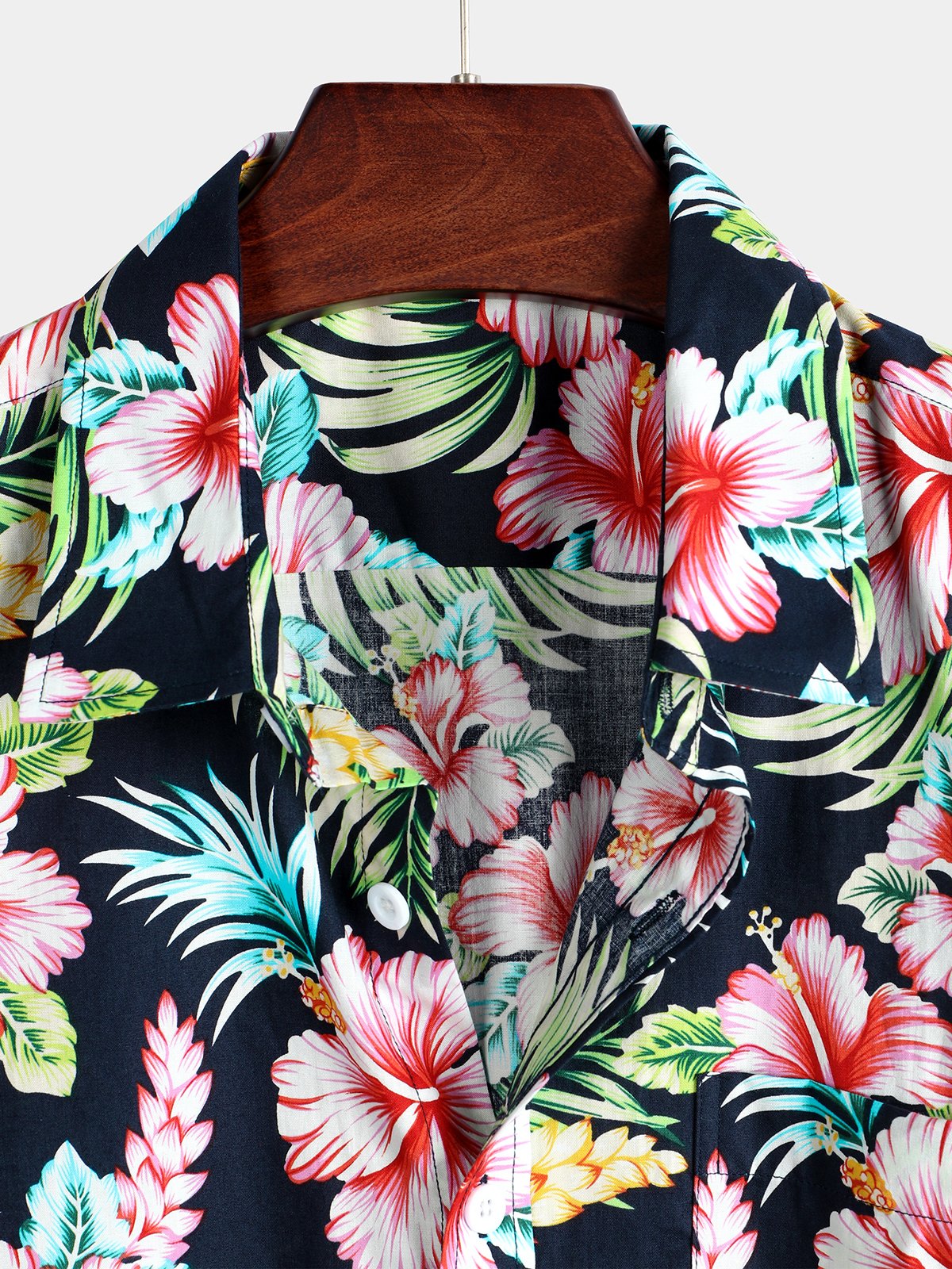Men's Dark Blue Floral Holiday Cotton Short Sleeve Shirt
