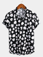 Hawaiian Floral Short-Sleeve Cotton Shirt with Daisy Print for Men