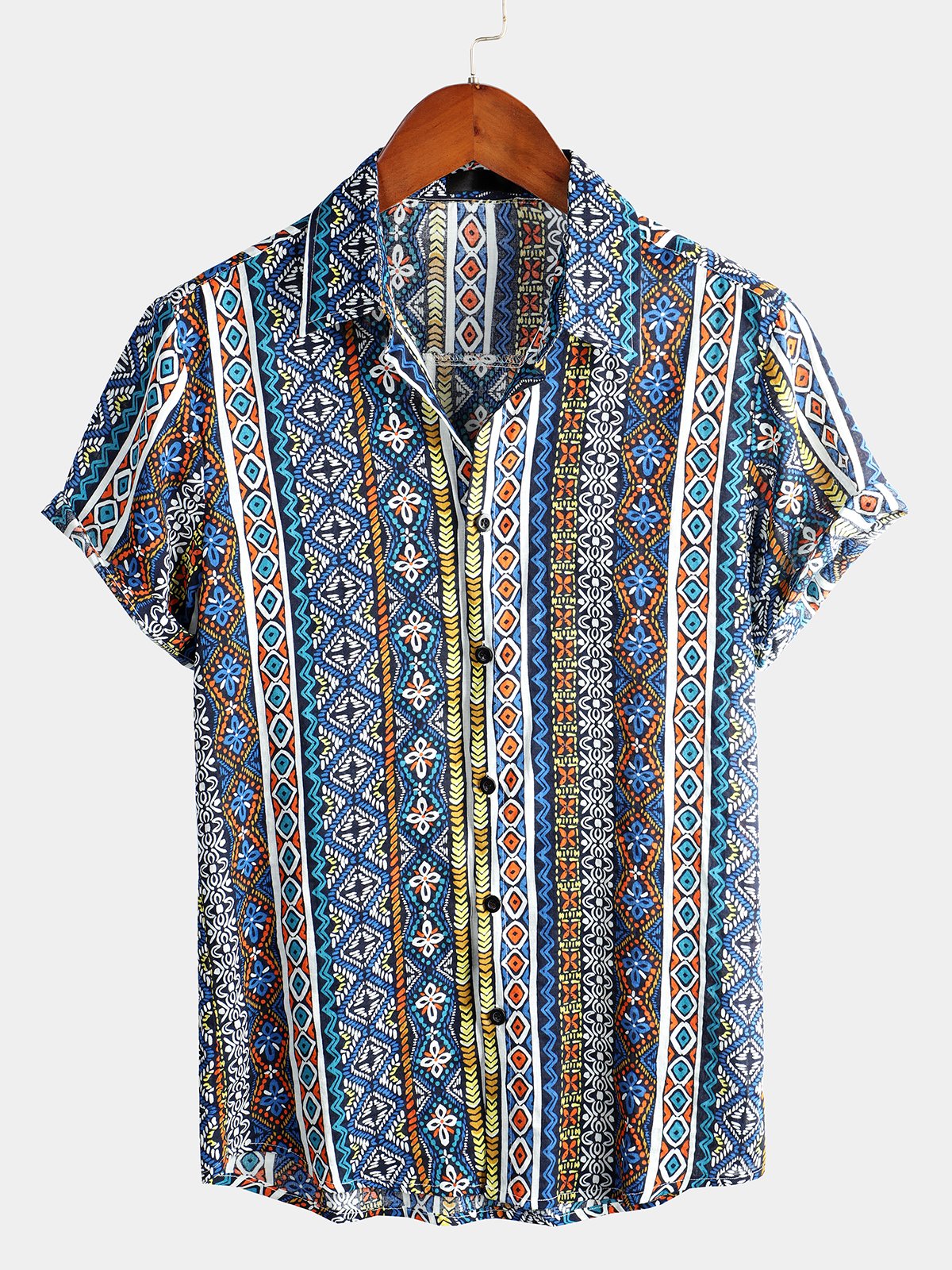 Men's Short Sleeve Cotton Patchwork Printed Shirt
