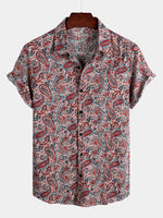 Men's Red Retro Paisley Pattern Short Sleeve Cotton Shirt
