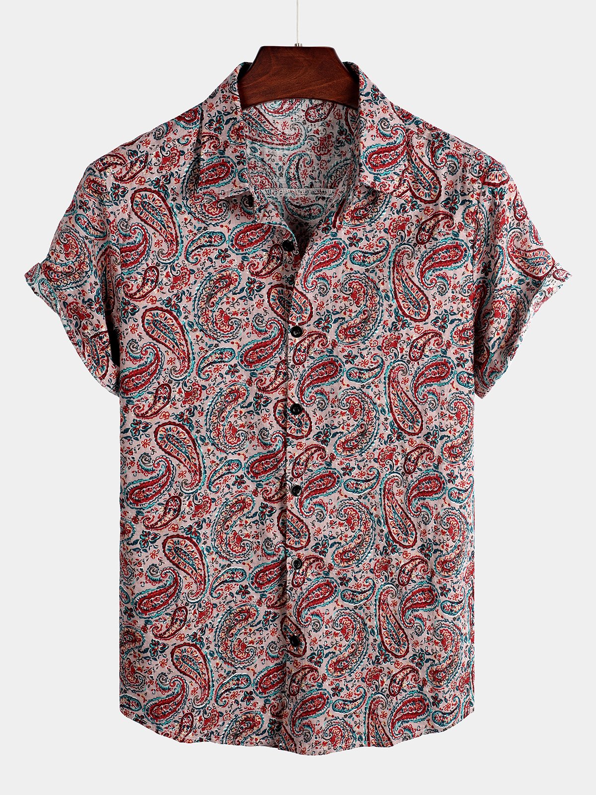 Men's Red Retro Paisley Pattern Short Sleeve Cotton Shirt