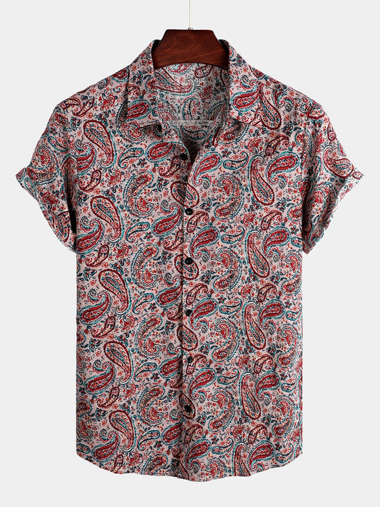 Men's Red Retro Paisley Pattern Short Sleeve Cotton Shirt