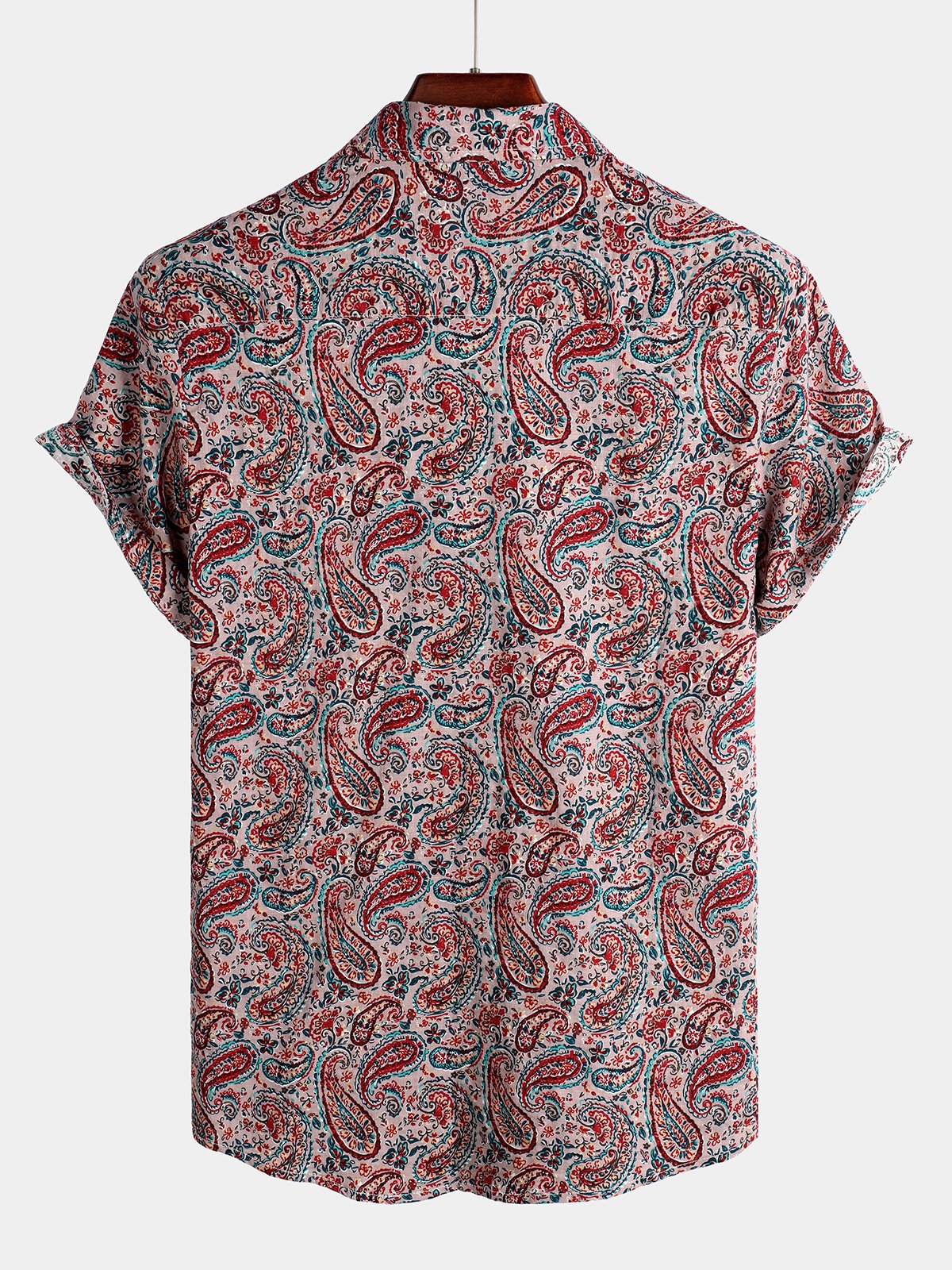 Men's Red Retro Paisley Pattern Short Sleeve Cotton Shirt