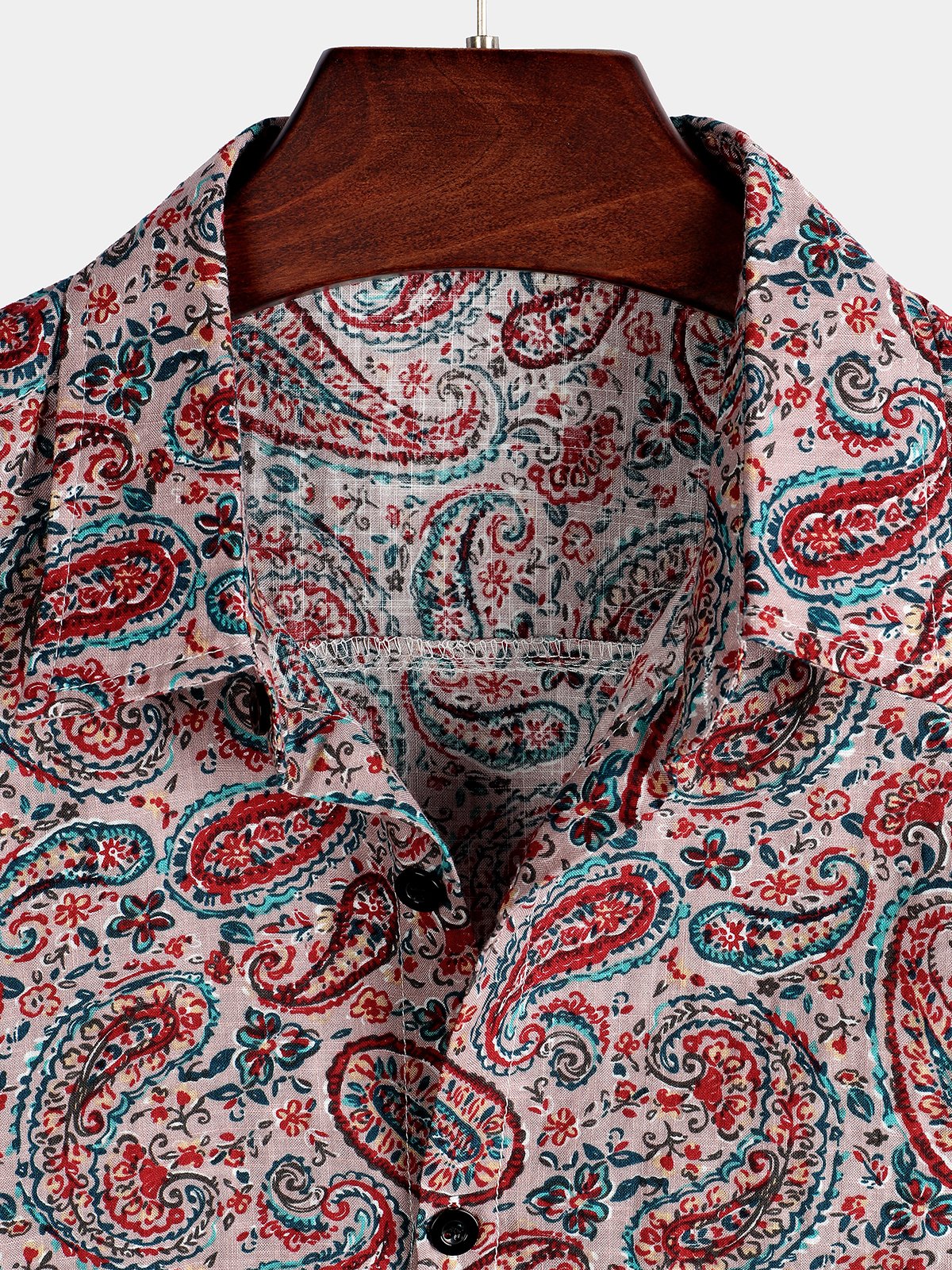 Men's Red Retro Paisley Pattern Short Sleeve Cotton Shirt