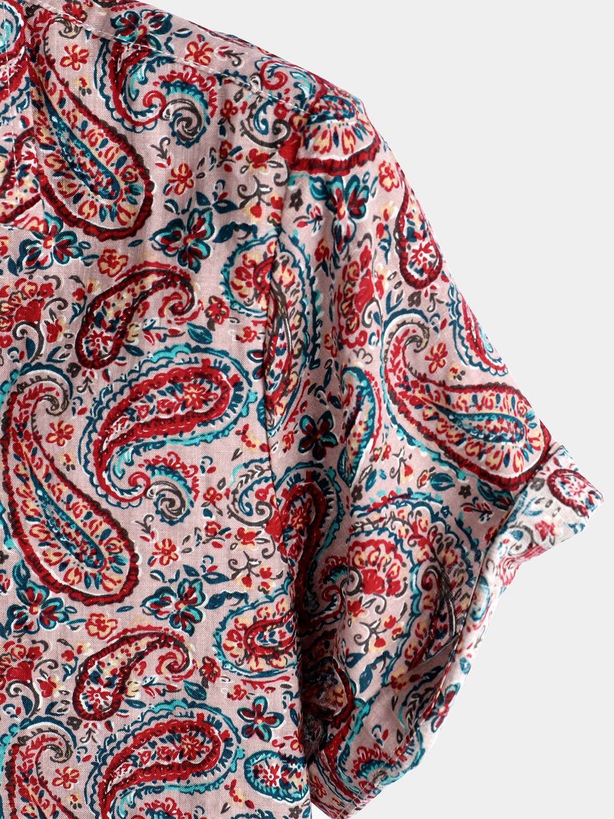 Men's Red Retro Paisley Pattern Short Sleeve Cotton Shirt