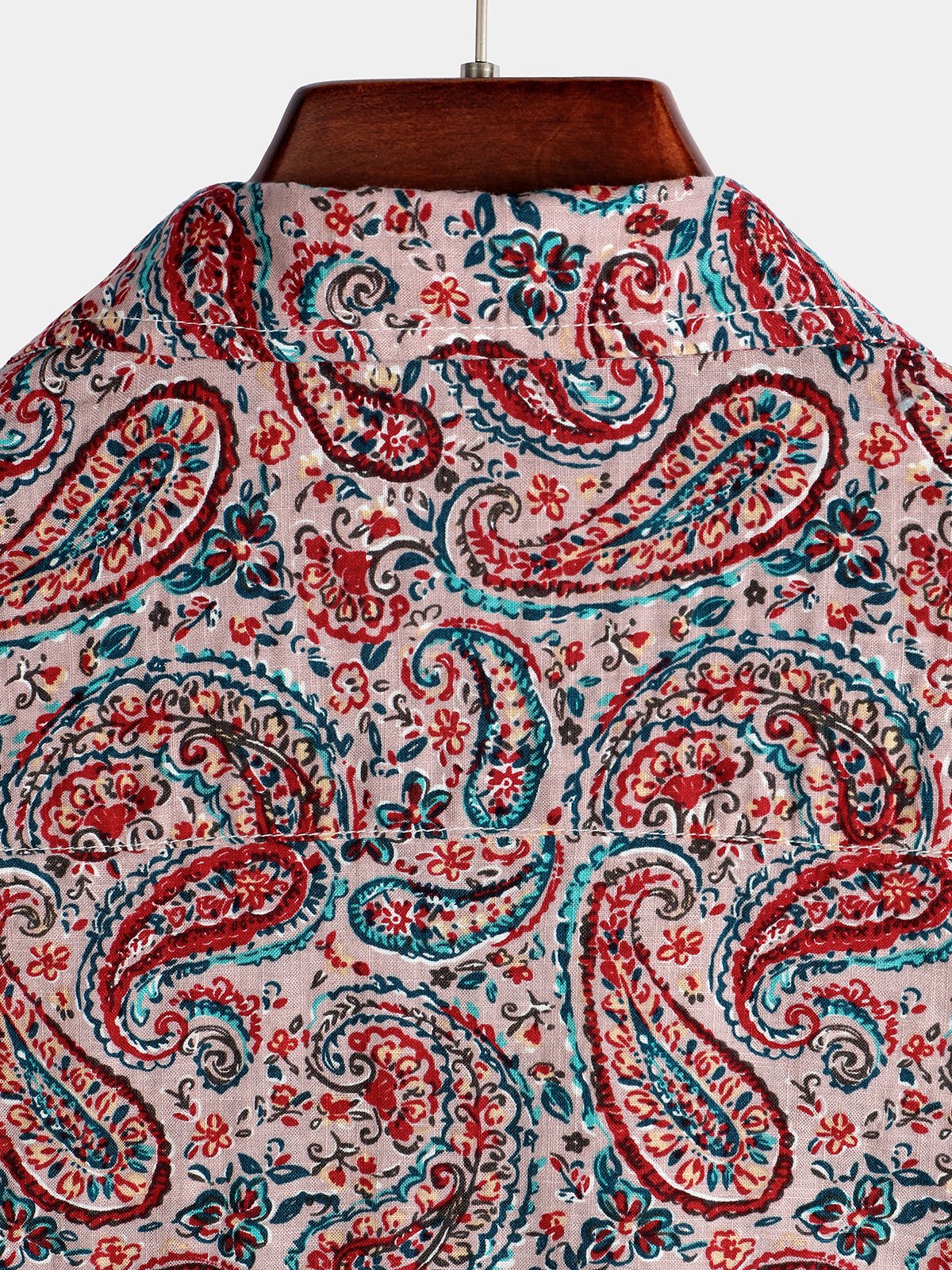 Men's Red Retro Paisley Pattern Short Sleeve Cotton Shirt
