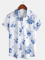 Men's Short Sleeve Blue Floral Print Hawaiian Shirt