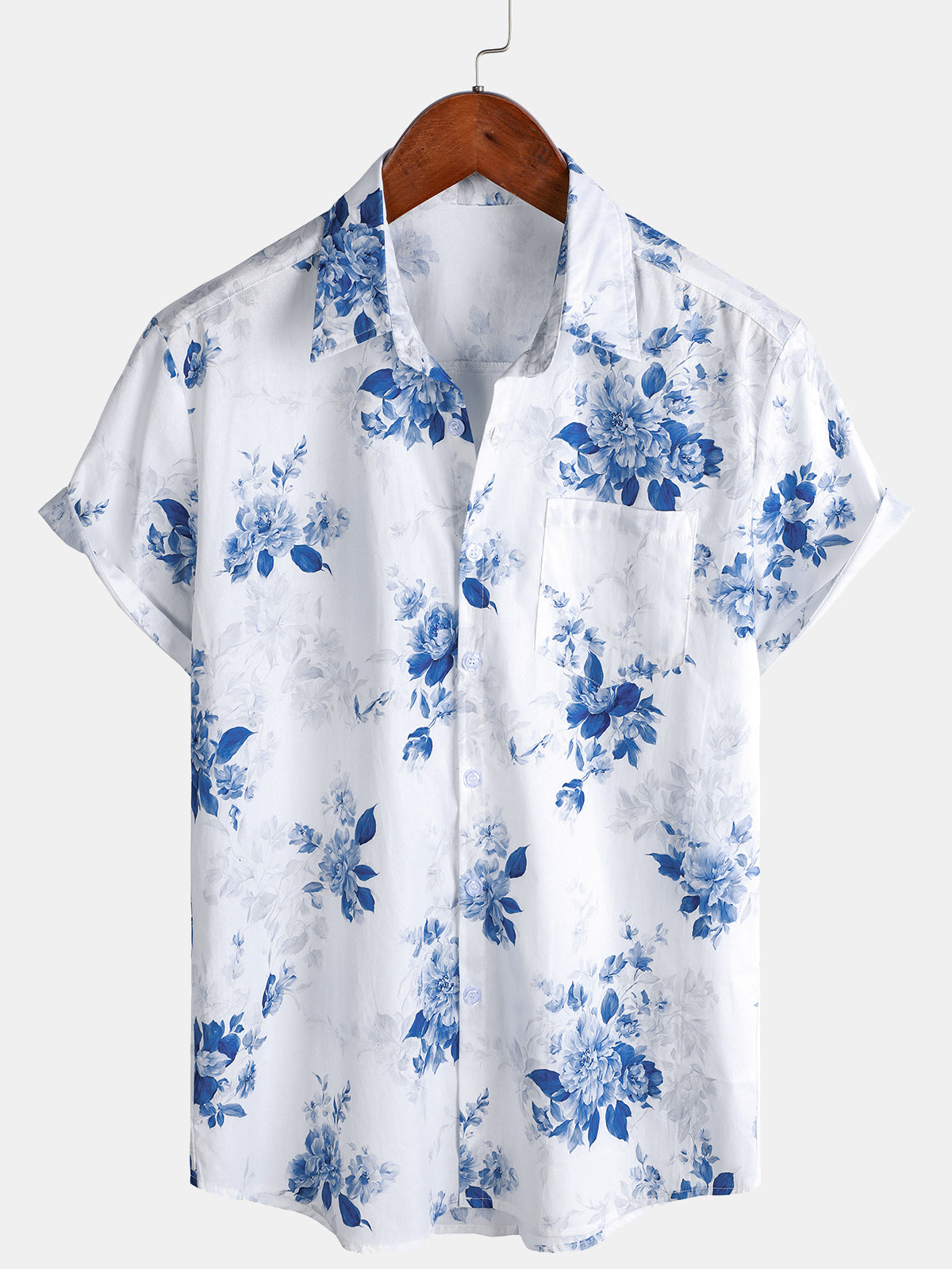 Men's Short Sleeve Blue Floral Print Hawaiian Shirt