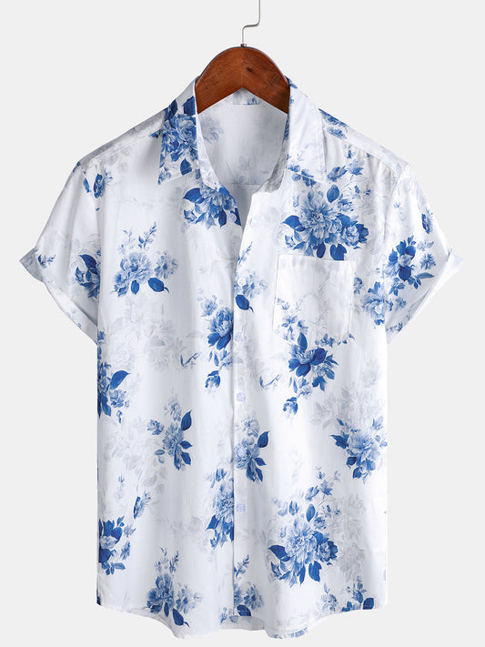 Men's Short Sleeve Blue Floral Print Hawaiian Shirt