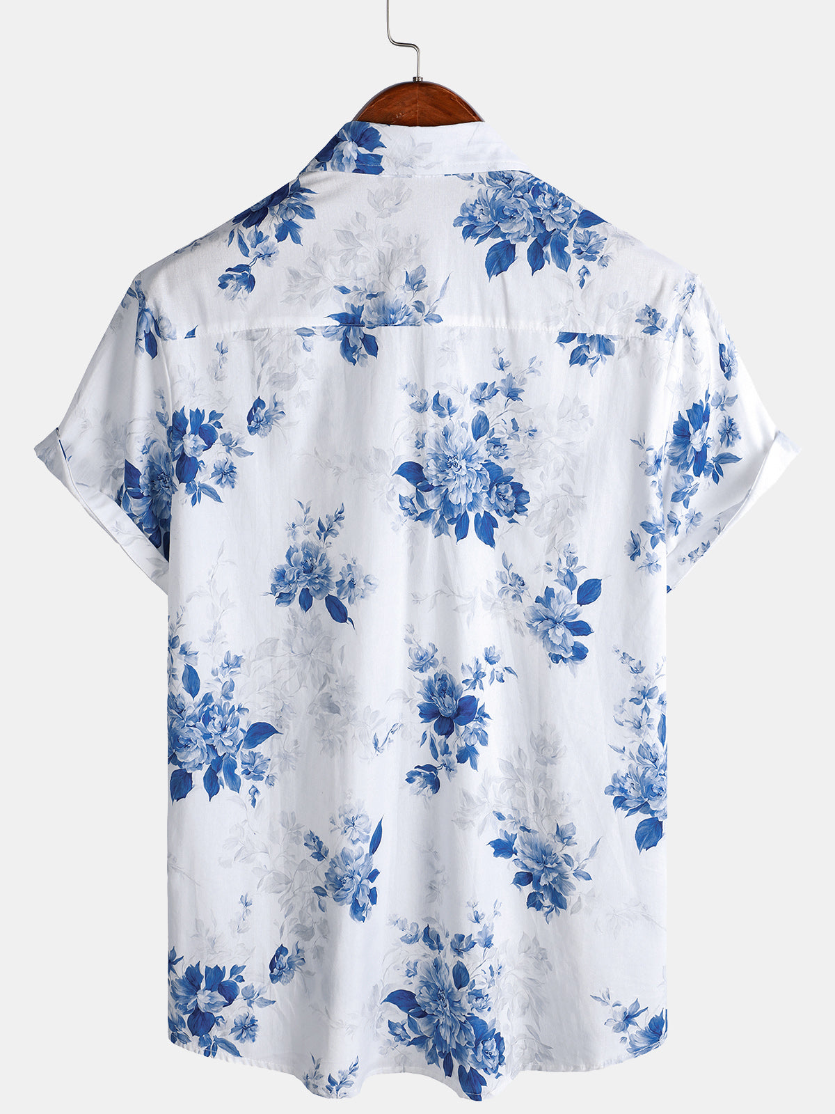 Men's Short Sleeve Blue Floral Print Hawaiian Shirt