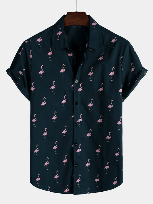 Men's Casual Short Sleeve Hawaiian Shirt with Pink Flamingo Animal Print