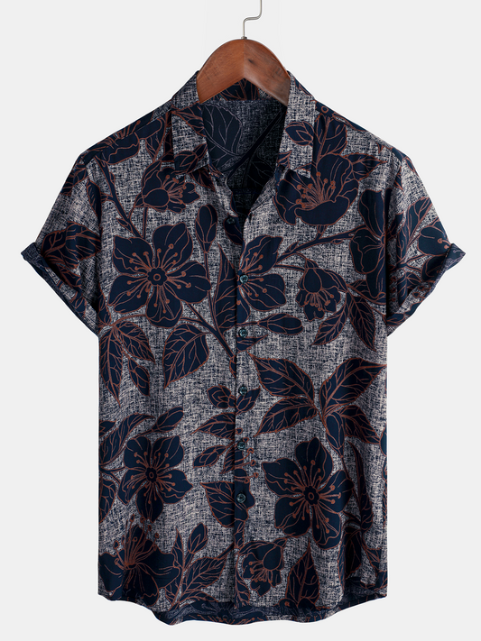 Men's Vintage Short Sleeve Button-Up Shirt, Floral Vacation, Casual, Summer