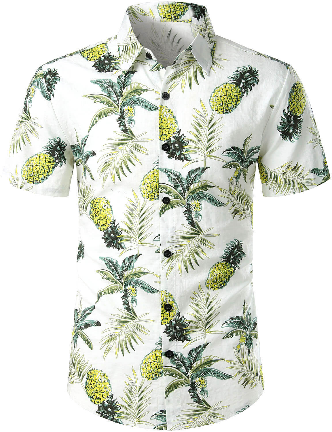 Men's Short Sleeve Hawaiian Print Cotton Shirt with Pineapple and Tropical Fruits