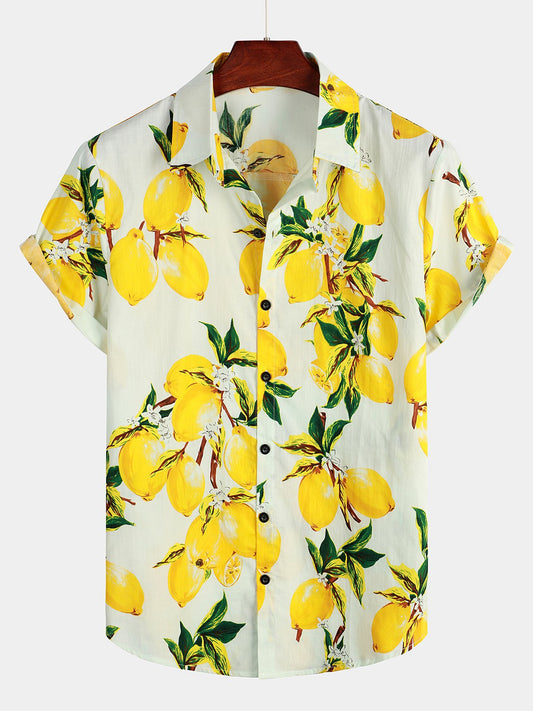Men's Tropical Yellow Lemon Print Short Sleeve Hawaiian Shirt