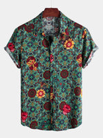 Men's Short Sleeve Green Cotton Vintage Floral Shirt