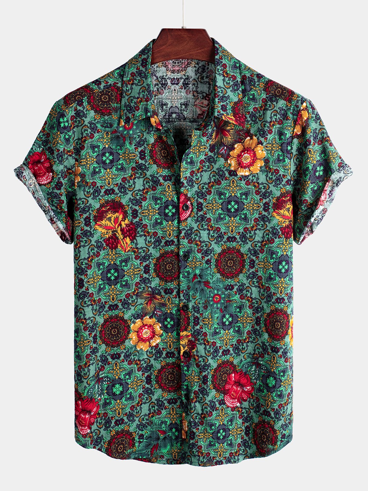 Men's Short Sleeve Green Cotton Vintage Floral Shirt