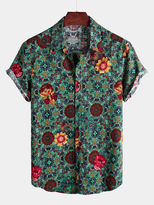 Men's Short Sleeve Green Cotton Vintage Floral Shirt