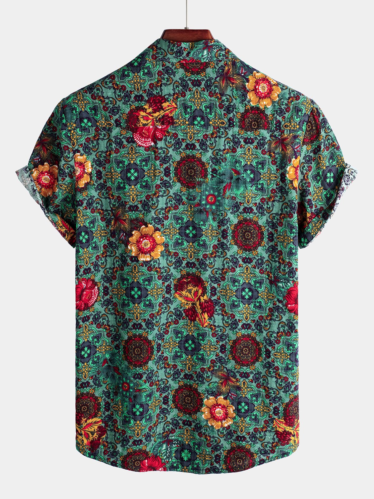 Men's Short Sleeve Green Cotton Vintage Floral Shirt