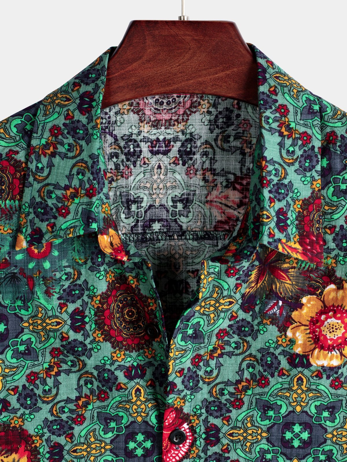 Men's Short Sleeve Green Cotton Vintage Floral Shirt