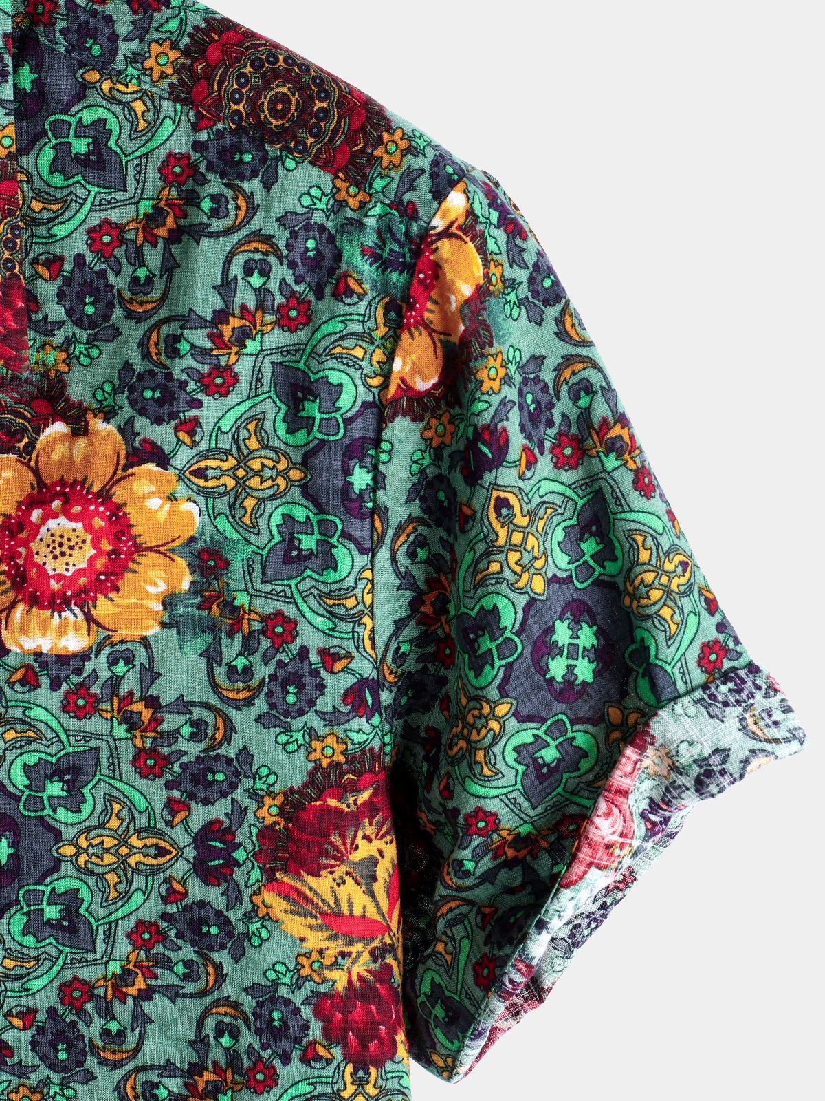 Men's Short Sleeve Green Cotton Vintage Floral Shirt