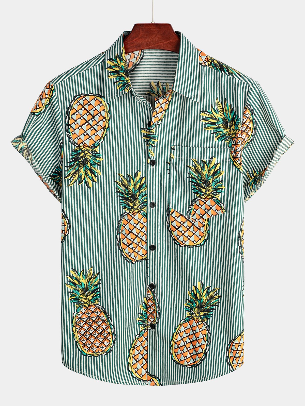 Casual Striped Cotton Pocket Shirt with Floral Design for Men