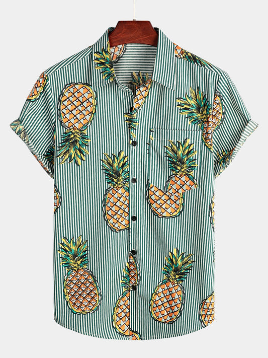 Casual Striped Cotton Pocket Shirt with Floral Design for Men